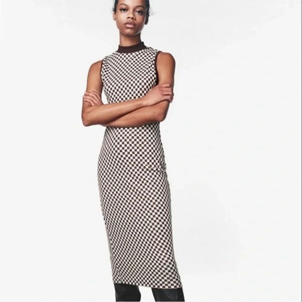 Zara Brown and White Checkered Midi Contour Dress - Picture 2 of 3